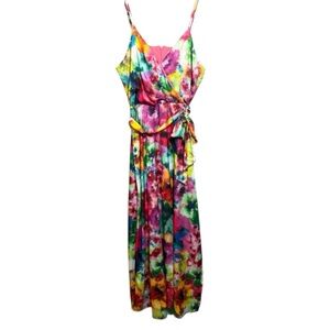 Nicole‎ Miller Watercolor Floral Print Satin Maxi Dress, Size S